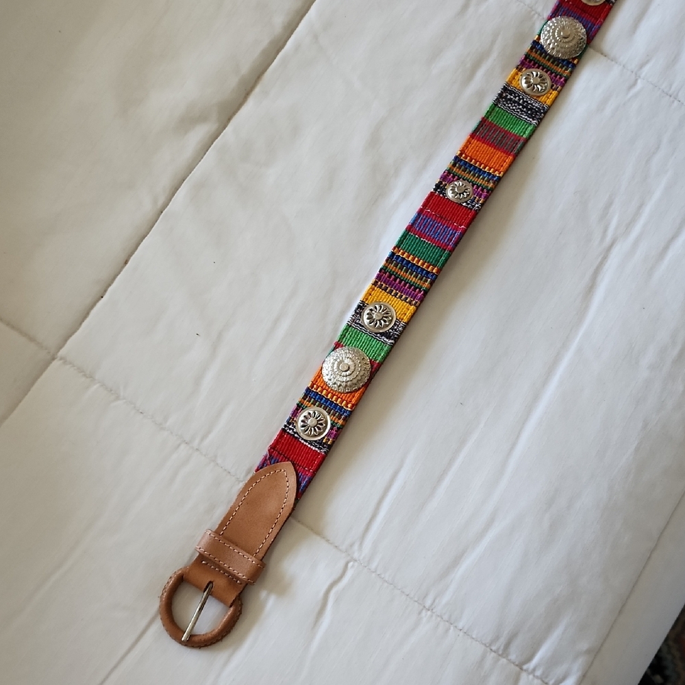 Colorful Woven Belt with Tan Leather Accents